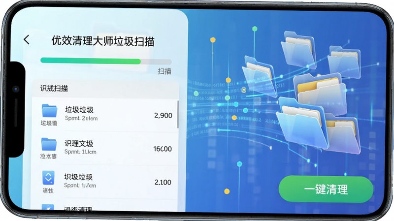 优效清理大师垃圾扫描界面,手机屏幕显示扫描进度条与已识别垃圾文件列表,背景为半透明数据流与文件夹图标,画面右下角有绿色“一键清理”按钮,整体科技感十足,色彩明亮。