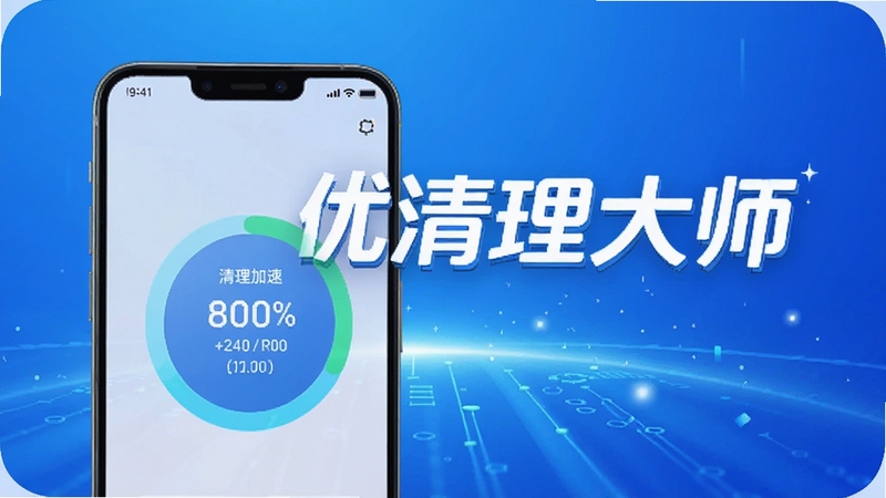 优效清理大师主界面展示,前景为手机屏幕显示清理加速百分比圆环,背景为渐变蓝色科技感光效,画面中央有软件名称“优效清理大师”艺术字,整体风格明亮清爽,适配Boogu模型生成。