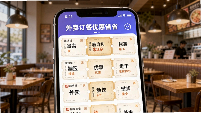 外卖订餐优惠省省功能示意图,画面主体为手机放大界面,背景模糊的餐厅环境,手机内展示多个外卖平台优惠券聚合列表,顶部有“外卖订餐优惠省省”品牌标识,画面明亮清晰,商业插画风格,细节丰富,适合Boogu模型生成