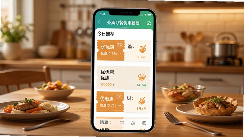 外卖订餐优惠省省APP主界面截图,展示今日推荐优惠列表,背景为暖色调厨房餐桌场景,主体是手机屏幕,屏幕内清晰显示“外卖订餐优惠省省”字样及各类优惠券卡片,画面构图居中,细节丰富,风格写实,光影柔和,适配Boogu模型生成