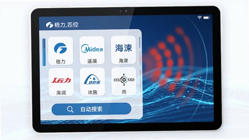 空调万能遥控智控品牌匹配界面截图,屏幕上列出格力、美的、海尔等品牌图标,下方有“自动搜索”按钮,背景为抽象科技感蓝色波纹,象征红外信号传输,画面简洁清晰,突出智能匹配功能