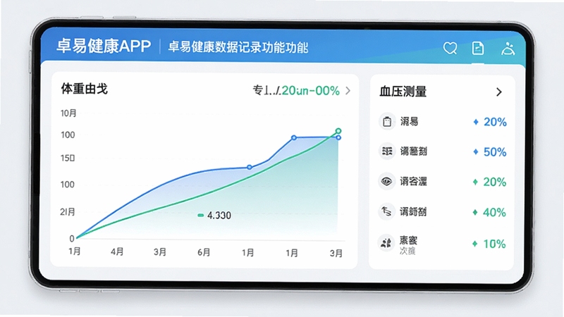卓易健康数据记录功能界面,展示体重曲线图和血压测量列表,背景为浅灰色医疗风格,图表线条清晰,配色为蓝色和绿色,体现专业与科技感,画面包含卓易健康APP的界面元素,整体明亮干净,适合软件功能展示