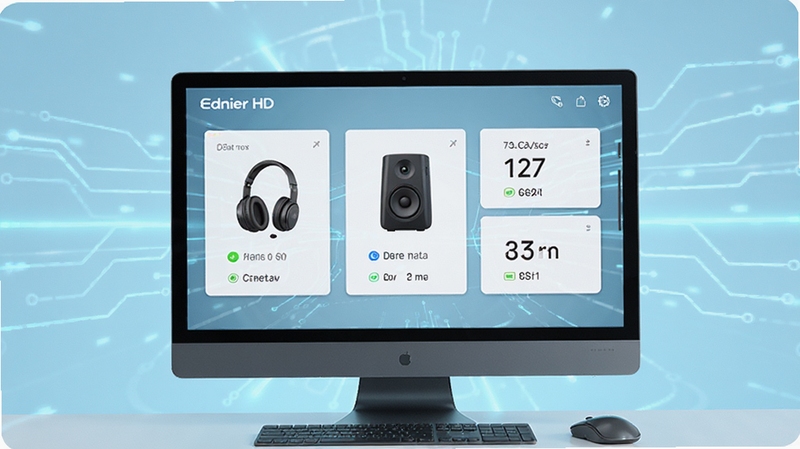 Edifier Connect HD���豸��������ʾ��ͼ������չʾ������Ļ��ͬʱ��ʾ����������ȶ���豸��Ƭ��ÿ����Ƭ������״̬�͵�����Ϣ������Ϊǳ��ɫ�Ƽ��й�Ч��ͻ���豸�����ı���ԣ����廭������ֱ�ۡ�