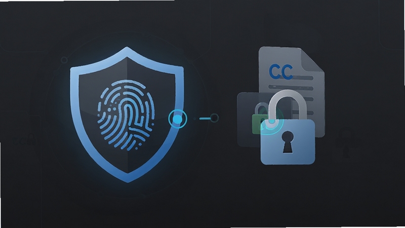 CC文件隐私保护功能示意图,展示指纹解锁和加密锁图标,背景为深灰色极简风格,突出安全盾牌与文件图标