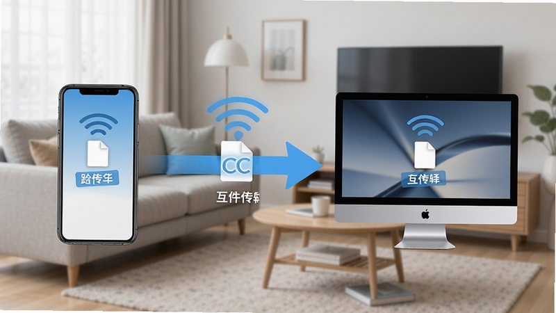 CC文件跨设备传输功能示意图,展示手机与电脑之间的文件互传箭头,背景为简洁的客厅场景,强调无线传输的便捷性