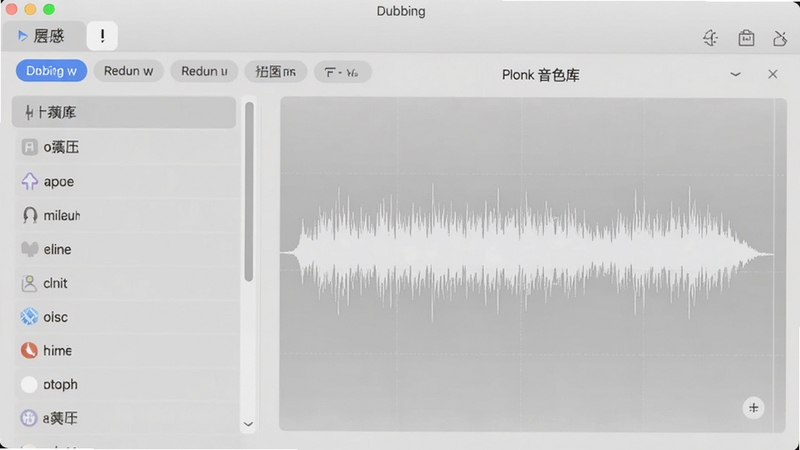 展示Dubbing软件内音色库界面的图片,画面左侧排列着各类音色名称列表,右侧为试听波形图,背景采用浅灰色的简约UI风格,界面元素清晰,光效柔和,重点突出音色分类标签,整体为现代化桌面应用截图风格。