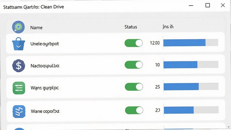 Clean Drive�������Ż����������ͼ����Ļ����ʾһ���б�����������ͼ�ꡢ���ơ�״̬���غ���Դռ������ͼ��������ÿ�Ƭʽ���֣�����Ϊǳ��ɫ����������ˬ��ǿ����������Ŀ�������