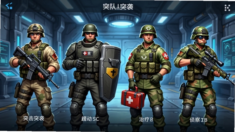 小队突袭角色选择界面,展示四个职业的立绘,分别是持步枪的突击兵、持盾的重装兵、拿医疗包的治疗兵和带狙击镜的侦察兵,背景为科技感十足的基地,UI设计清晰,角色细节丰富,色彩明亮,体现游戏的角色多样性
