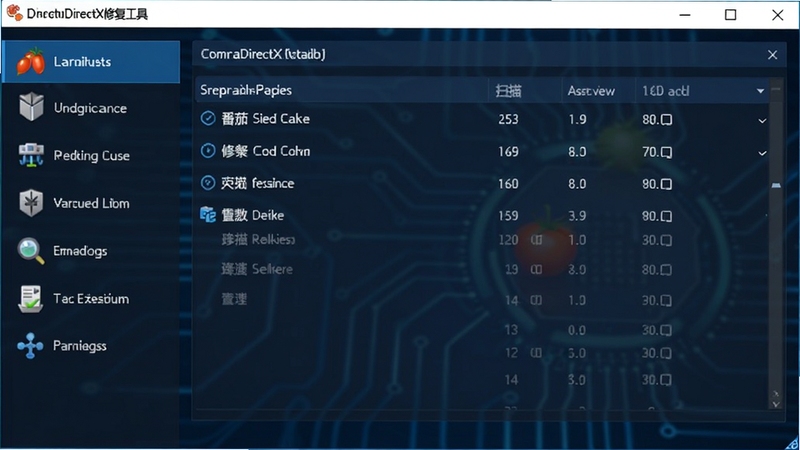 小番茄DirectX修复工具主界面截图,展示软件整体布局,左侧为功能菜单,右侧为扫描结果列表,背景为深蓝色科技感界面,图标清晰醒目,整体风格简洁专业