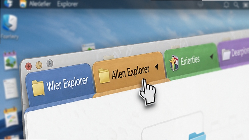 Allen Explorer软件的多标签页界面特写,多个彩色标签排列在窗口顶部,标签上显示不同的文件夹名称,鼠标悬停在一个标签上,背景为模糊的桌面,突出标签页的便捷与视觉区分度,画面清晰明亮,风格写实。