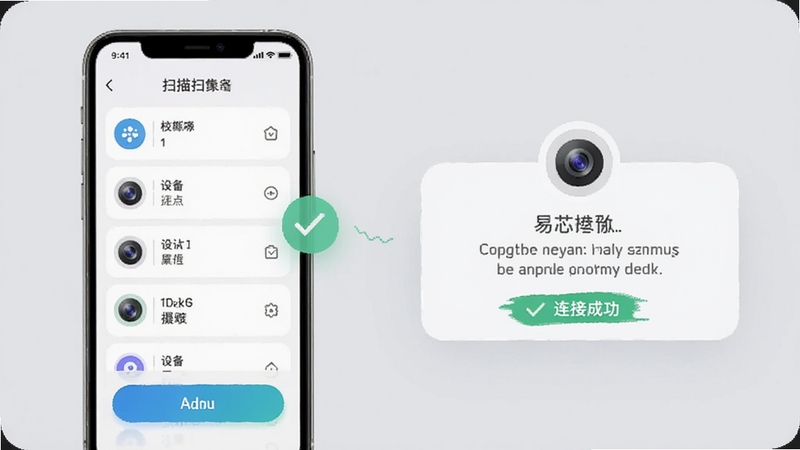 易芯联多设备绑定界面截图,展示手机扫描二维码绑定智能摄像头的操作步骤,界面包含设备列表和添加按钮,背景为浅灰色,突出连接成功状态提示,圆形图标与圆角卡片设计,整体风格清新友好