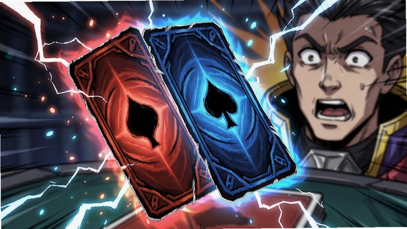 Reversal of deck 游戏内反转技能发动时的动态效果图,画面中一张巨大的卡牌正在翻转,牌面从红色变为蓝色,周围有闪电与粒子特效,背景是对手惊讶的表情,突出技能逆转战局的关键瞬间,采用动态漫画风格,色彩鲜明,细节丰富。