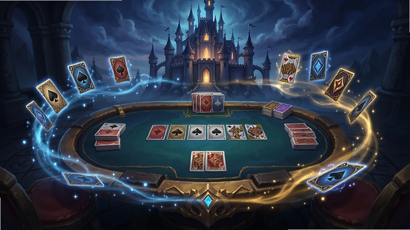 Reversal of deck 游戏整体预览图,画面中央是华丽的牌桌,四周环绕着魔法光效与卡牌虚影,背景是神秘的幻想城堡,整体色调偏暗蓝与金色,突出游戏的策略与奇幻氛围,采用高分辨率游戏原画风格,适合作为游戏详情页首图展示。