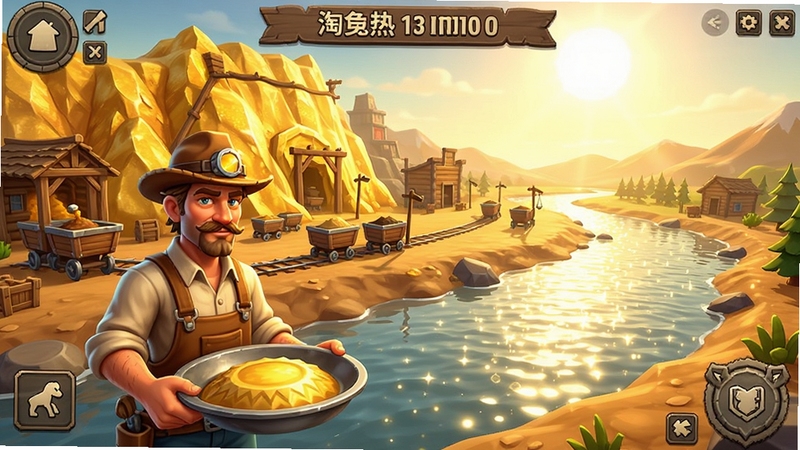 淘金热矿工模拟器游戏主界面截图,展示一个西部风格的矿场全景,前景是手持淘金盘的矿工角色,背景是金色的矿山和矿车轨道,阳光洒在河面上波光粼粼,整体色调温暖明亮,游戏UI元素清晰可见,适配Boogu模型生成