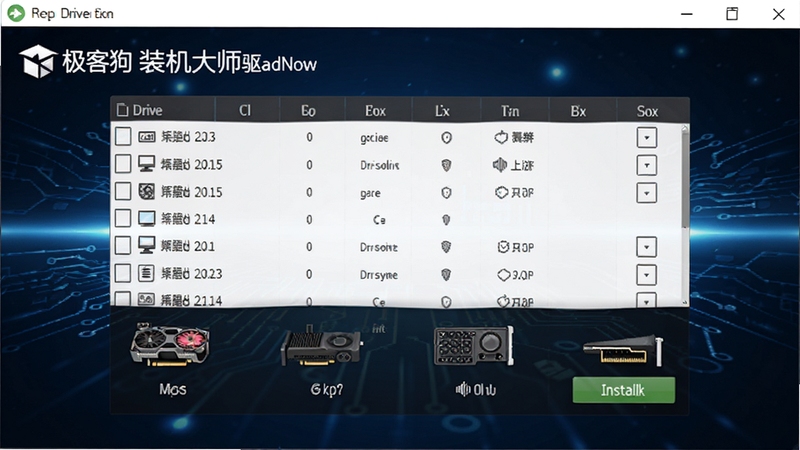 极客狗装机大师驱动安装界面,展示驱动列表和安装按钮,电脑硬件图标(显卡、声卡、网卡)整齐排列,背景为深蓝色科技感光效,整体专业且直观。