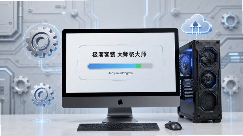 极客狗装机大师一键重装过程示意图,画面中电脑屏幕显示自动安装进度条,周围有齿轮和云朵图标,背景为浅灰色科技感环境,整体风格写实且充满科技感。