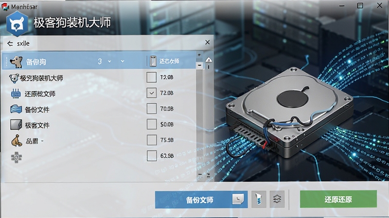 极客狗装机大师备份还原功能截图,界面显示备份文件列表与还原按钮,背景为数据流向硬盘的抽象图,整体风格简洁直观。