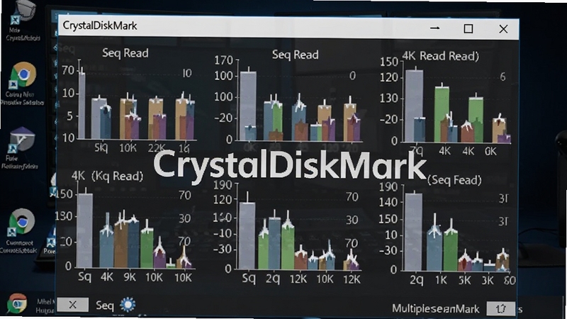 CrystalDiskMark软件主界面截图,展示多组读写测试结果柱状图,背景为深色科技感电脑桌面,软件窗口清晰显示Seq读写与4K随机读写数据,画面中心突出软件名称CrystalDiskMark,整体风格简洁明了,符合软件评测场景。