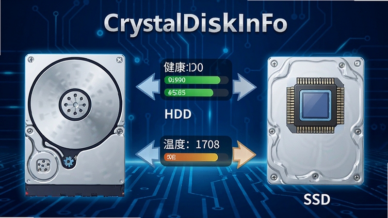 CrystalDiskInfo Ӳ������ʶ������ʾ��������ͬʱ��ʾHDD��SSD����Ӳ�̵ļ���������Ϊ��еӲ�̵�Բ����Ƭͼ�꣬�Ҳ�Ϊ��̬Ӳ�̵�оƬͼ�꣬�м��ü�ͷָ����ԵĽ���״̬���¶����ݣ�����Ϊ�Ƽ�����ɫ����