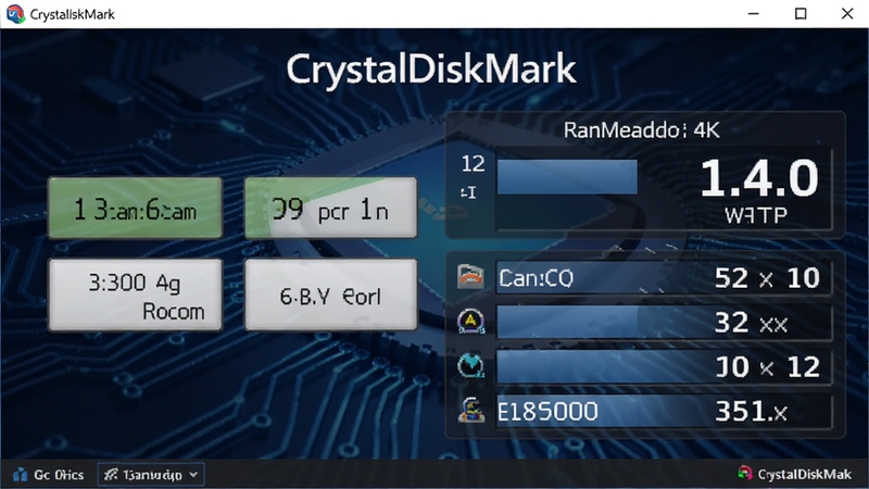 CrystalDiskMark 主界面截图,显示清晰的测试按钮和结果图表,背景为深蓝色科技感风格,界面中央突出顺序读写和随机4K读写成绩,整体画面明亮整洁,突出软件的专业性与易用性。