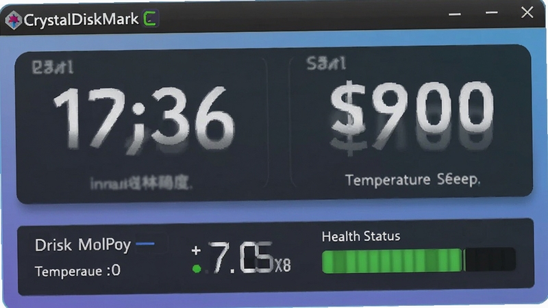 CrystalDiskMark 显示硬盘健康度和温度信息的面板,界面下方有磁盘型号、温度数值和健康状态指示条,背景为柔和的渐变蓝色,整体风格简约,突出信息读取的清晰度。