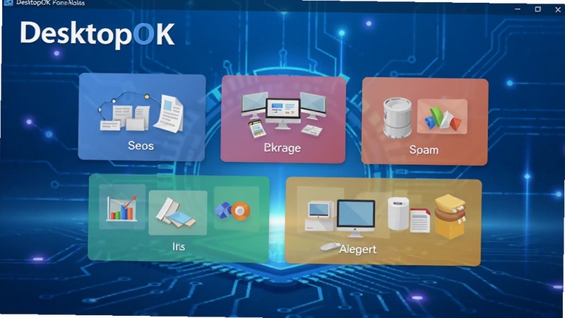 DesktopOK��������չʾͼ������������ʾ�����ɫ���ֿ�Ƭ��ÿ����Ƭ��ע��ͬ�������ƣ�����Ϊ������ɫ�Ƽ��з�����������������Ͻǡ�