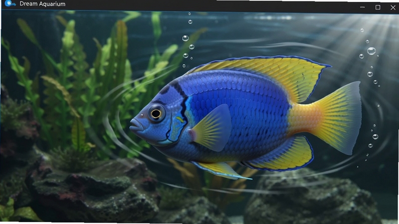 Dream Aquarium����������д��һ����ɫ���ɫ�����ȴ�������ˮ��ת��������β�͵İڶ������ɼ�����Χ��ϸ΢��ˮ�����ƺ����ݣ��������黯����ɫˮ�ݺͰ�ɫ��ʯ�����ߴ����Ͻ����룬ͻ�����ϸ�ں͹��󣬻���дʵ�����壬�����ӽ�