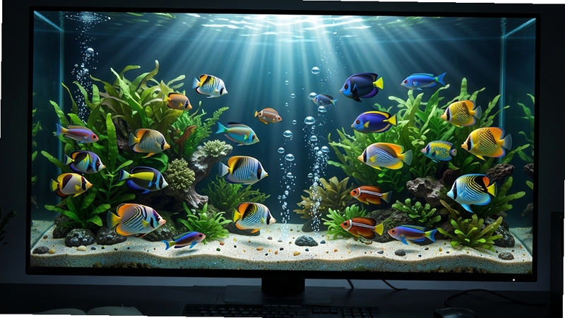һ������ĵ�����ĻչʾDream Aquarium��̬ˮ�������ȫò����Ļ������һȺɫ�����޵��ȴ�����ïʢ��ˮ�ݴ����ζ�����Ļ�·���ϸ���ɳʯ���������������ߴ�ˮ���Ϸ�͸�������γɶ����ЧӦ����������ҳ���������������дʵ�����廭�ʣ���Ļ��Χ�ǰ�ɫ�����滷����Ϊ����