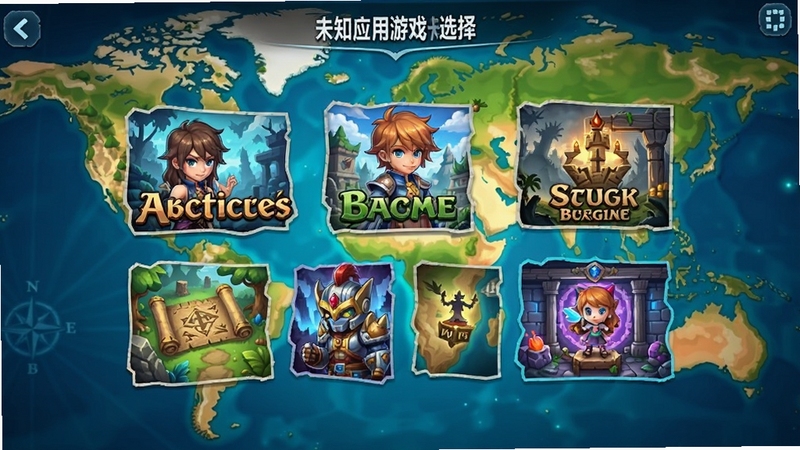 未知应用游戏关卡选择界面截图,展示多个不同主题的关卡图标,背景为动态地图,色彩明亮,UI设计简洁,角色立绘精致。