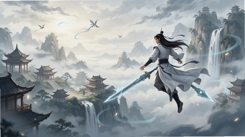 云墨剑舞游戏主城全景图,一位白衣剑客御剑飞行于云雾缭绕的仙山之上,远处有古典亭台楼阁,背景是水墨风格的天空与瀑布,画面色彩淡雅,光影柔和,展现出仙侠世界的唯美与壮阔,人物动作飘逸,细节丰富