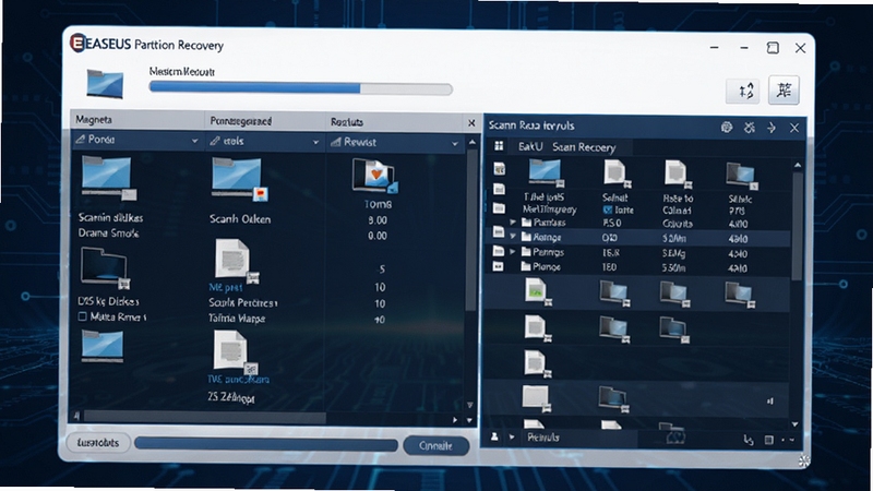 һ��չʾEASEUS Partition Recovery������ĸ����ͼ������������ʾ����ɨ����Ⱥ��ļ��б�������Ϊ����ɫ�Ƽ��з���м�������������壬���Ϊ���̷����б����Ҳ�Ϊɨ����Ԥ��������ɫ��������Ϊ����ͻ�����ݻָ���רҵ��