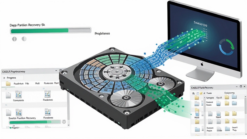 һ��չʾEASEUS Partition Recovery���ɨ����̵�ʾ��ͼ����������ΪӲ���ڲ������������ӻ�ģ�ͣ���Χ������ɨ����������ļ��б����ڣ�����ɫ��������Ӳ�����������Ļ���������ɨ���ȫ����ϸ��