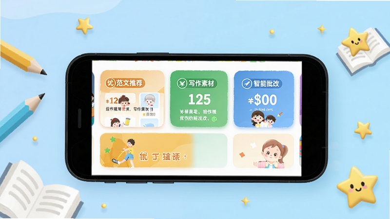 优趣作文软件主界面预览图,画面中央展示手机屏幕,屏幕内显示优趣作文的首页布局,包含范文推荐、写作素材、智能批改等模块卡片,背景为淡蓝色渐变,四周有铅笔、书本、星星等学习元素点缀,整体风格清新明亮,适合儿童教育类应用