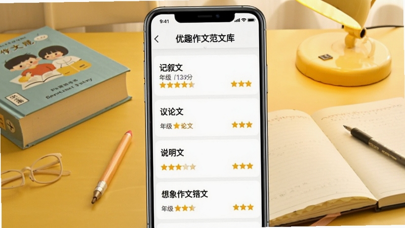 优趣作文范文库页面截图预览,手机屏幕内展示分类列表,包括记叙文、议论文、说明文、想象作文等,每篇文章标题下方显示年级和评分星级,背景为暖黄色书桌场景,旁边放有字典和笔记本,画面温馨明亮,突出学习氛围