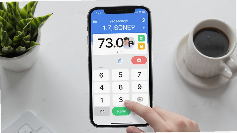 Yao Money应用界面截图风格预览图,重点展示大数字键盘与彩色分类图标快捷操作的界面布局,背景为浅灰色桌面,配以绿植和咖啡杯作为点缀,画面干净明亮,强调极速操作与高效触控体验,图片需包含Yao Money界面元素。