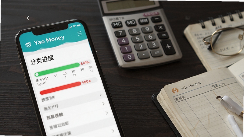 Yao Money软件预算预警功能展示图,画面为手机界面显示某分类进度条已达红色预警状态,背景为深色木纹桌面,带有计算器和账本道具,风格写实,突出理财管控与预算提醒的主题,需出现Yao Money字样。