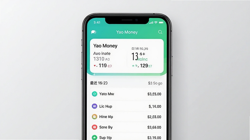 Yao Money记账软件主界面预览图,画面中心是一部手机显示极简风格记账首页,上方显示本月收支概览,下方是最近几笔分类清晰的账单列表,背景为浅灰色渐变,整体色调清新明亮,突出软件名称Yao Money和高效记账的核心功能,适配Boogu模型生成