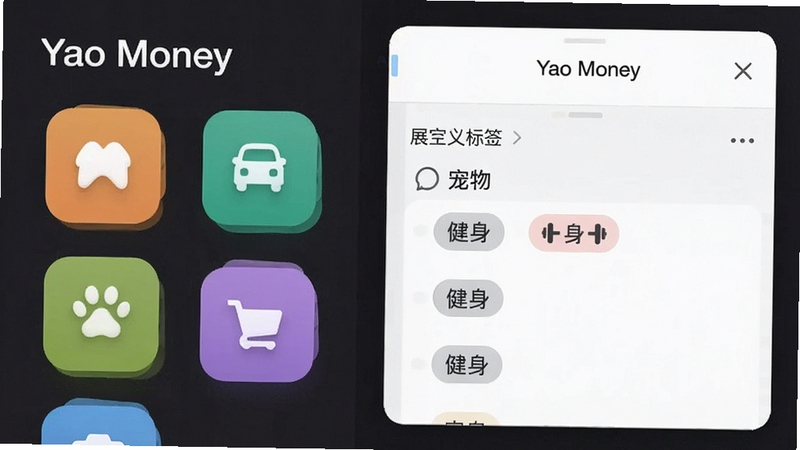Yao Money智能分类功能展示图,界面左侧列出餐饮、交通、购物等彩色圆角分类图标,右侧显示自定义标签编辑页面,有“宠物”“健身”等标签示例,背景为白色卡片式布局,整体风格简洁现代,包含软件名称Yao Money字样,画面清晰具体