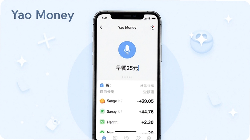 Yao Money语音记账功能示意图,画面中心是手机屏幕显示语音识别界面,有麦克风图标和“早餐25元”文字识别结果,下方列出自动生成的分类和金额,背景为淡蓝色,风格简洁明亮,突出软件名称Yao Money