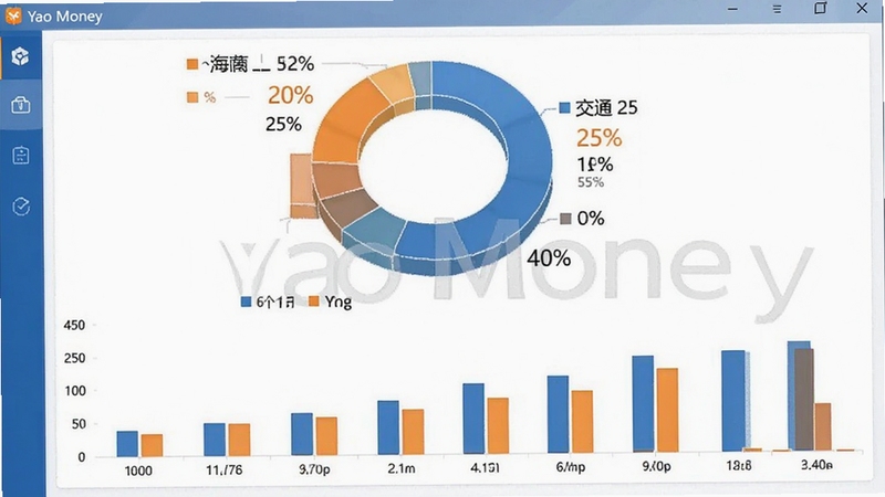 Yao Money统计报表界面预览,展示一个环形图显示餐饮40%、交通25%、购物20%等支出占比,下方有柱状图对比近6个月收支趋势,整体配色以蓝色和橙色为主,风格专业清晰,界面包含“Yao Money”软件名称水印