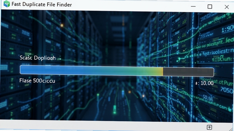 Fast Duplicate File Finder 扫描过程界面,显示进度条和文件计数,背景为动态数据流动效果,体现高速扫描性能,画面明亮清晰,突出软件运行效率。