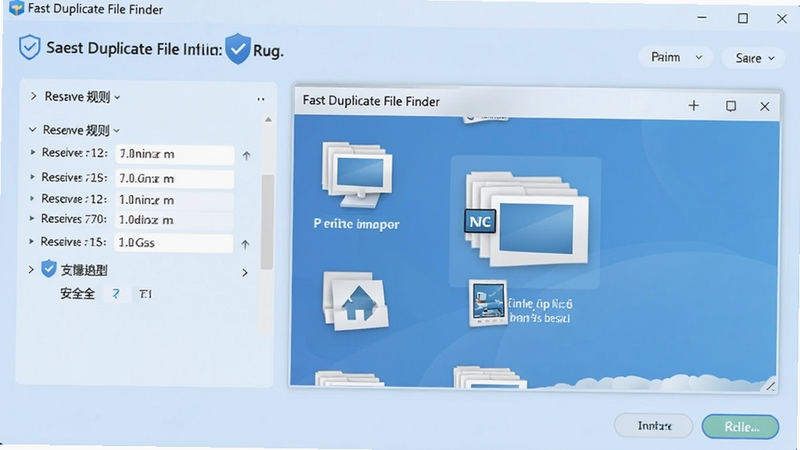 Fast Duplicate File Finder 清理设置界面,展示保留规则选项和文件预览窗口,背景为浅蓝色调,强调安全操作,界面布局合理,便于用户理解和使用。