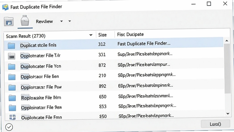Fast Duplicate File Finder 主界面预览图,展示软件扫描结果列表,包含文件名称、大小、路径等详细信息,界面简洁清晰,背景为浅灰色调,突出软件核心功能,整体风格专业且友好。