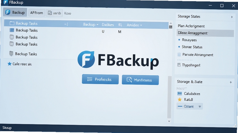 一张展示FBackup软件主界面的截图,界面清晰显示备份任务列表、计划安排和存储状态,整体风格简洁现代,背景为淡蓝色渐变,突出软件的专业与易用性,画面中心是FBackup的Logo和主要功能按钮。