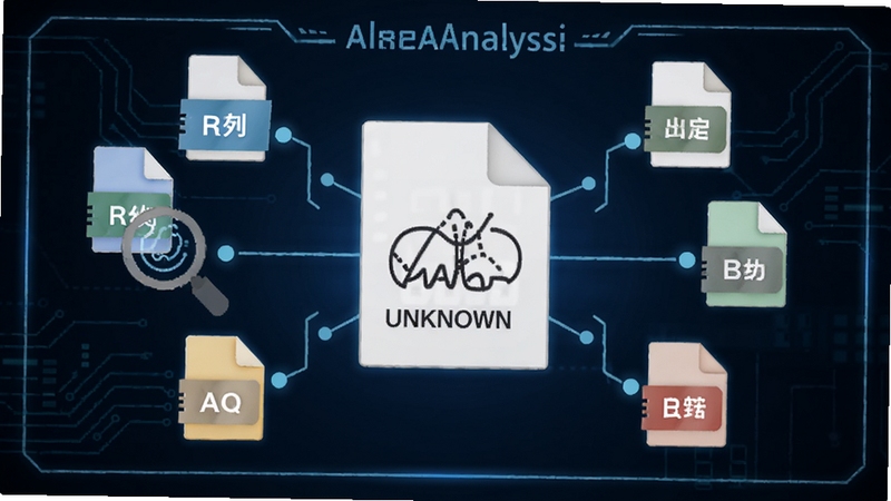 FileAnalysis软件智能识别文件类型示意图,屏幕中央显示一个未知扩展名的文件,周围环绕着识别出的多种文件格式图标,背景为深蓝色科技感界面