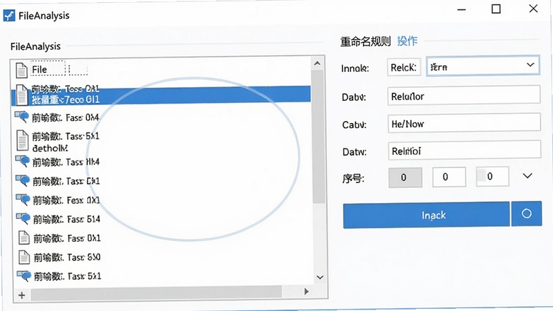 FileAnalysis批量重命名操作界面,文件列表框中多个文件被选中,右侧设置重命名规则,包括前缀、日期、序号,背景为简洁的白色界面,配有蓝色按钮