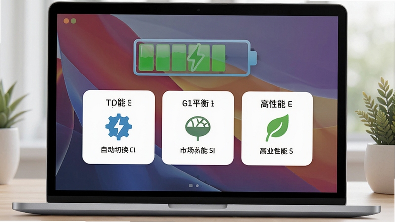 电源节能管理工具Edison智能电源计划切换功能示意图,画面展示笔记本屏幕上的模式选择卡片,分别标注节能、平衡、高性能,背景为动态电池电量与树叶图标,整体风格清新,突出自动切换的智能化