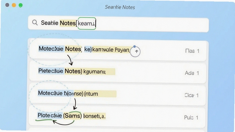 Freebie Notes 全局搜索功能演示截图,画面显示搜索栏中输入关键词后,下方以列表形式展示匹配的笔记结果,高亮显示关键词位置,背景为浅蓝色渐变,界面简洁清晰,突出快速检索与高亮定位的功能特点