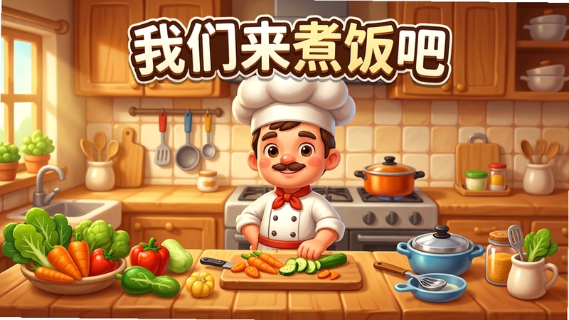 游戏主界面展示,一位厨师角色站在温馨的厨房中央,周围摆放着新鲜蔬菜、锅碗瓢盆等厨具,画面明亮温暖,卡通风格,突出“我们来煮饭吧”游戏名称,背景为木制橱柜和瓷砖墙面,细节丰富,适合作为游戏预览图