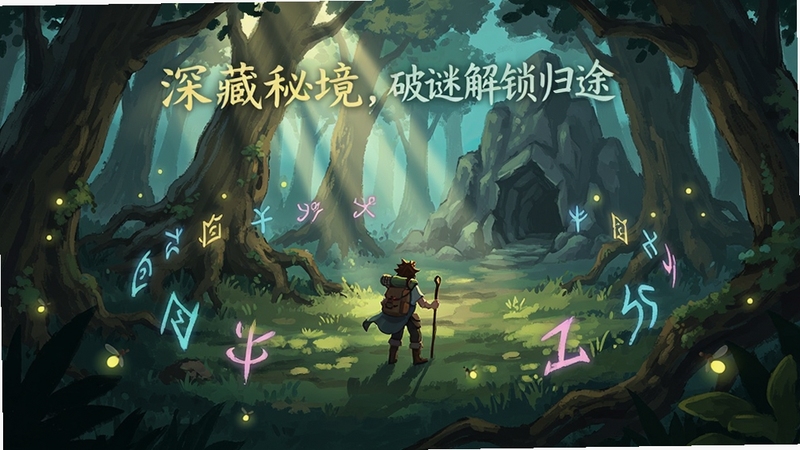 深林藏秘境,破谜解锁归途游戏主视觉图,展示主角站在阳光穿透的古老森林中央,四周环绕发光的神秘符号与漂浮的萤火虫,远处有隐约的山洞入口,画面采用唯美手绘风格,色彩浓郁层次丰富,突出探险与解谜氛围,横版构图,适合作为游戏宣传封面